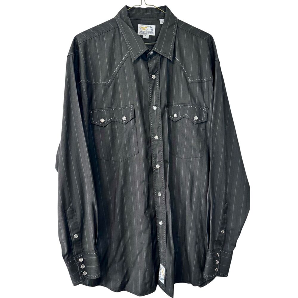 Panhandle Slim Retro Western Men’s XL Pearl Snap Black Button Gray Striped Shirt